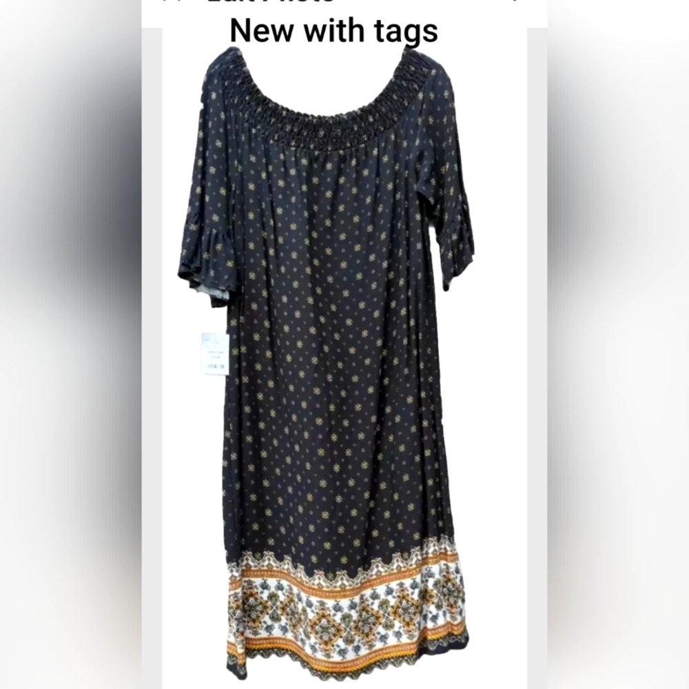 RYAN MICHELLE BLACK LONG FLORAL RUFFLE DRESS SHORT SLEEVE ELASTIC NECK LARGE NWT